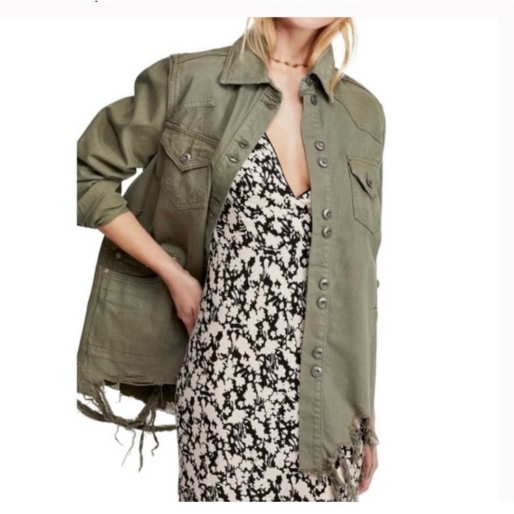 Free People Moonchild Army Green Distressed Button up Shacket - Picture 2 of 5
